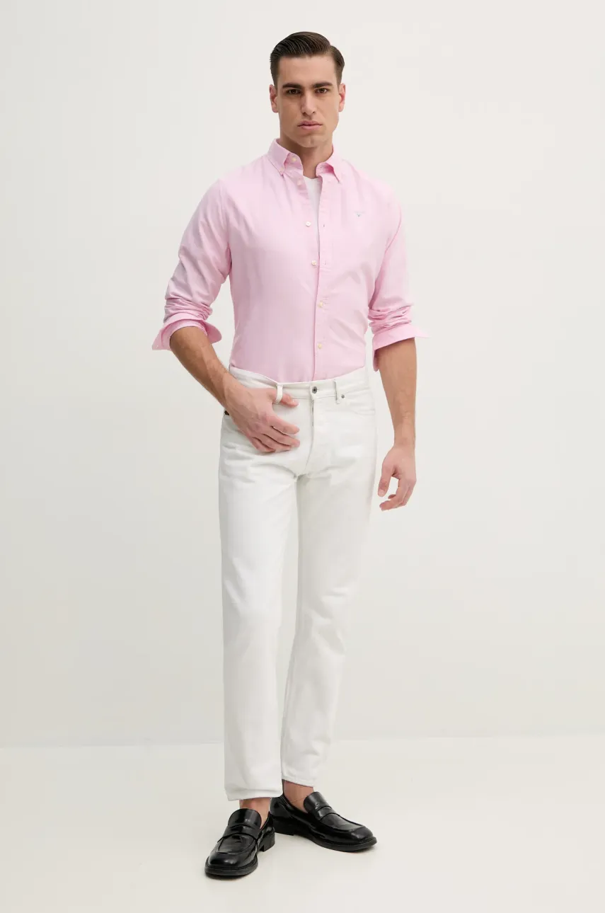 Хлопковая рубашка Barbour Oxtown мужская цвет розовый slim воротник button-down Хлопковая рубашка Barbour Oxtown мужская цвет розовый slim воротник button-down