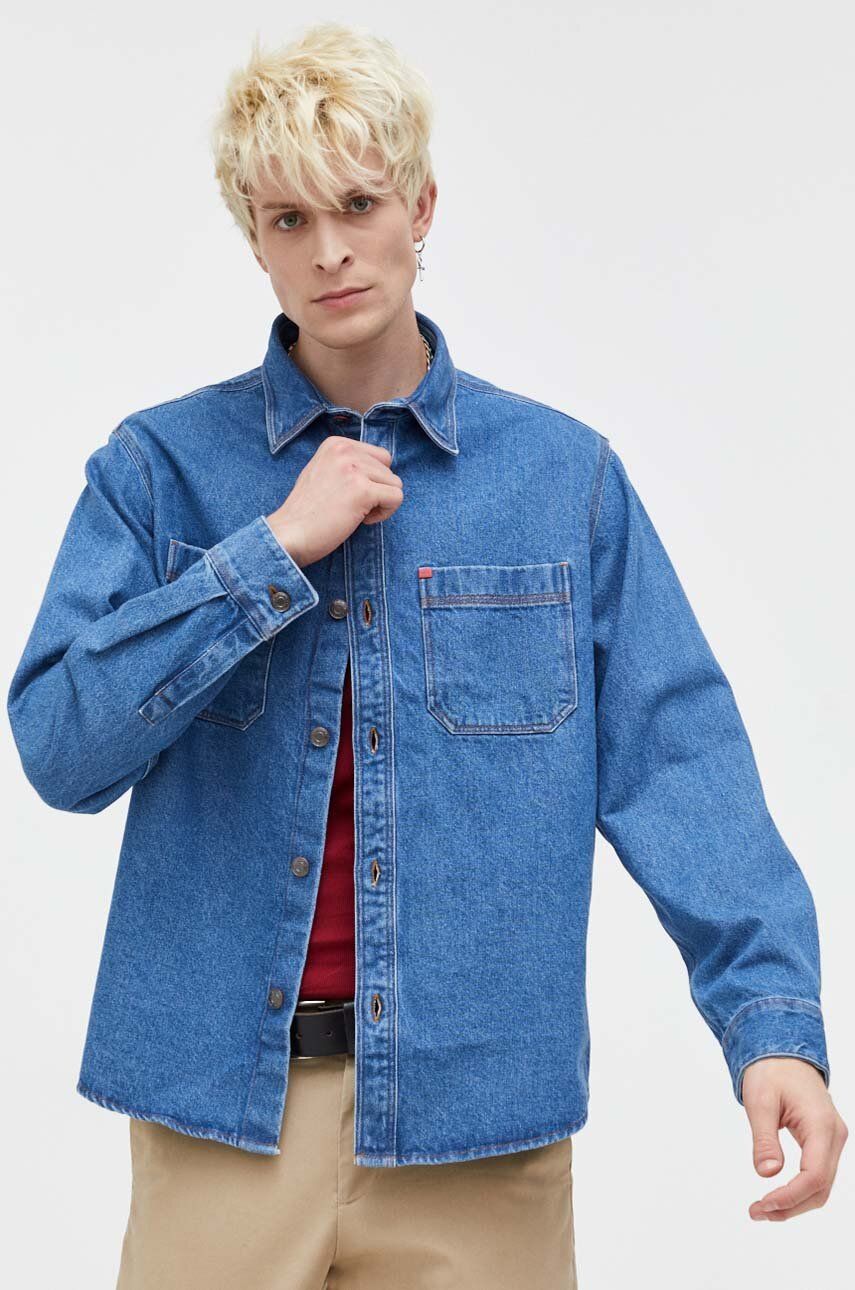 Džínová košile HUGO pánská, relaxed, s klasickým límcem - modrá - 100 % Bavlna