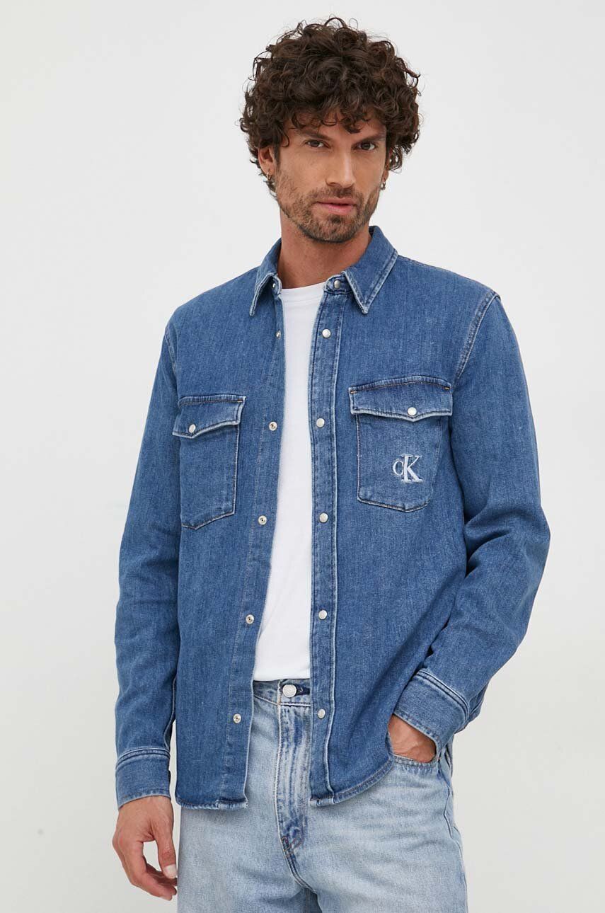 Džínová košile Calvin Klein Jeans pánská, regular, s klasickým límcem - modrá - 99 % Bavlna