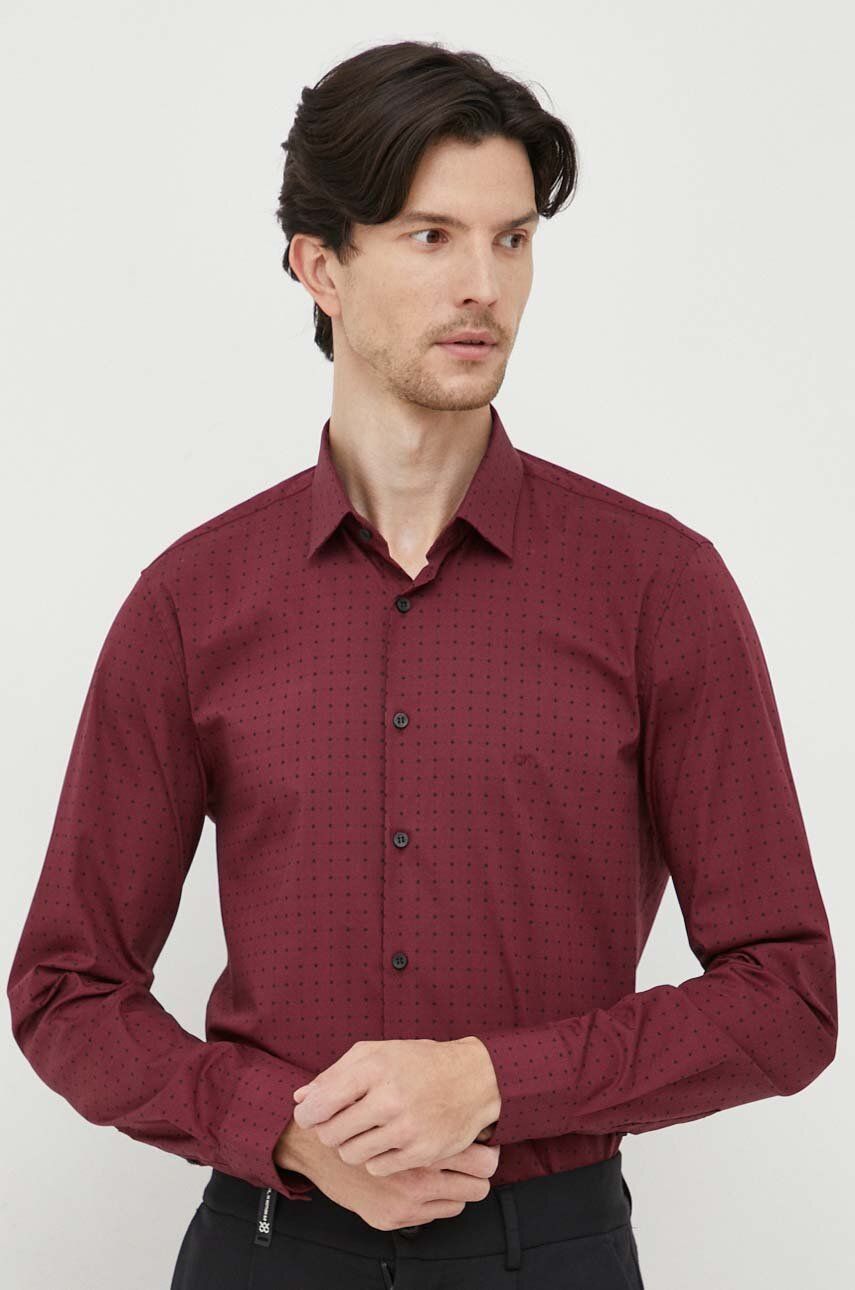 Levně Košile Calvin Klein pánská, vínová barva, slim, s klasickým límcem
