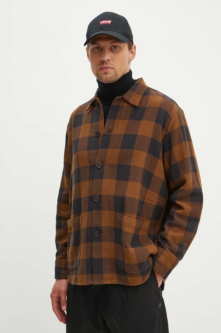 Universal Works cămașă din bumbac TRAVAIL OVERSHIRT bărbați, culoarea maro, cu guler clasic, regular, 29161