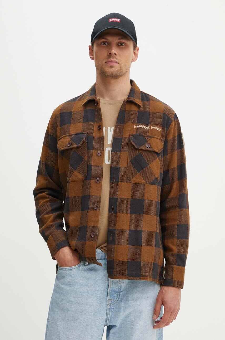 Universal Works cămașă din bumbac L/S UTILITY SHIRT bărbați, culoarea maro, cu guler clasic, regular, 29177