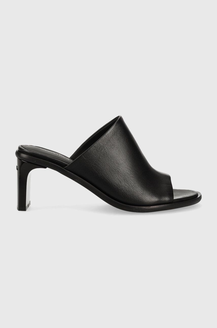 Levně Kožené pantofle Calvin Klein CURVED STILETTO MULE dámské, černá barva, na podpatku, HW0HW01628