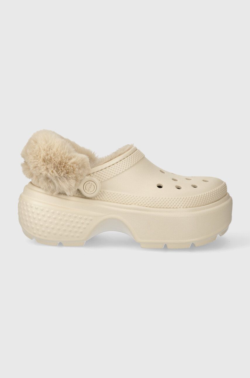 Crocs papuci Stomp Lined Clog femei, culoarea bej, cu platforma, 208546