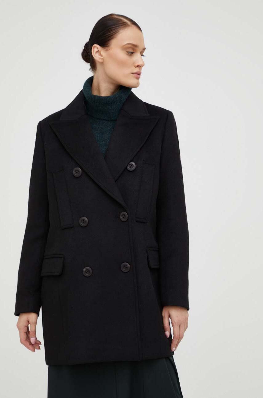 Bruuns Bazaar palton de lana culoarea negru, de tranzitie, cu doua randuri de nasturi