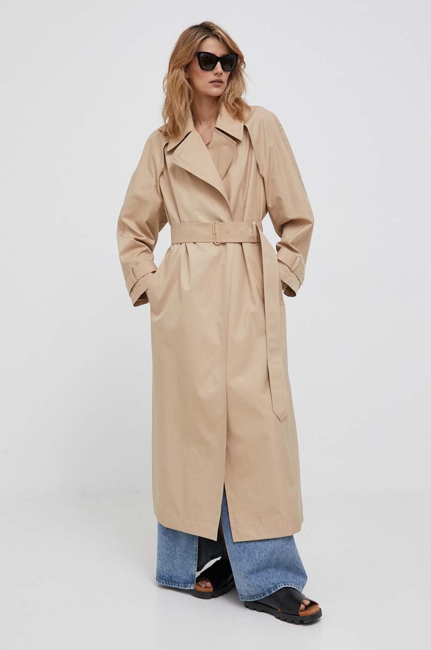 Levně Kabát Calvin Klein dámský, hnědá barva, přechodný, dvouřadový