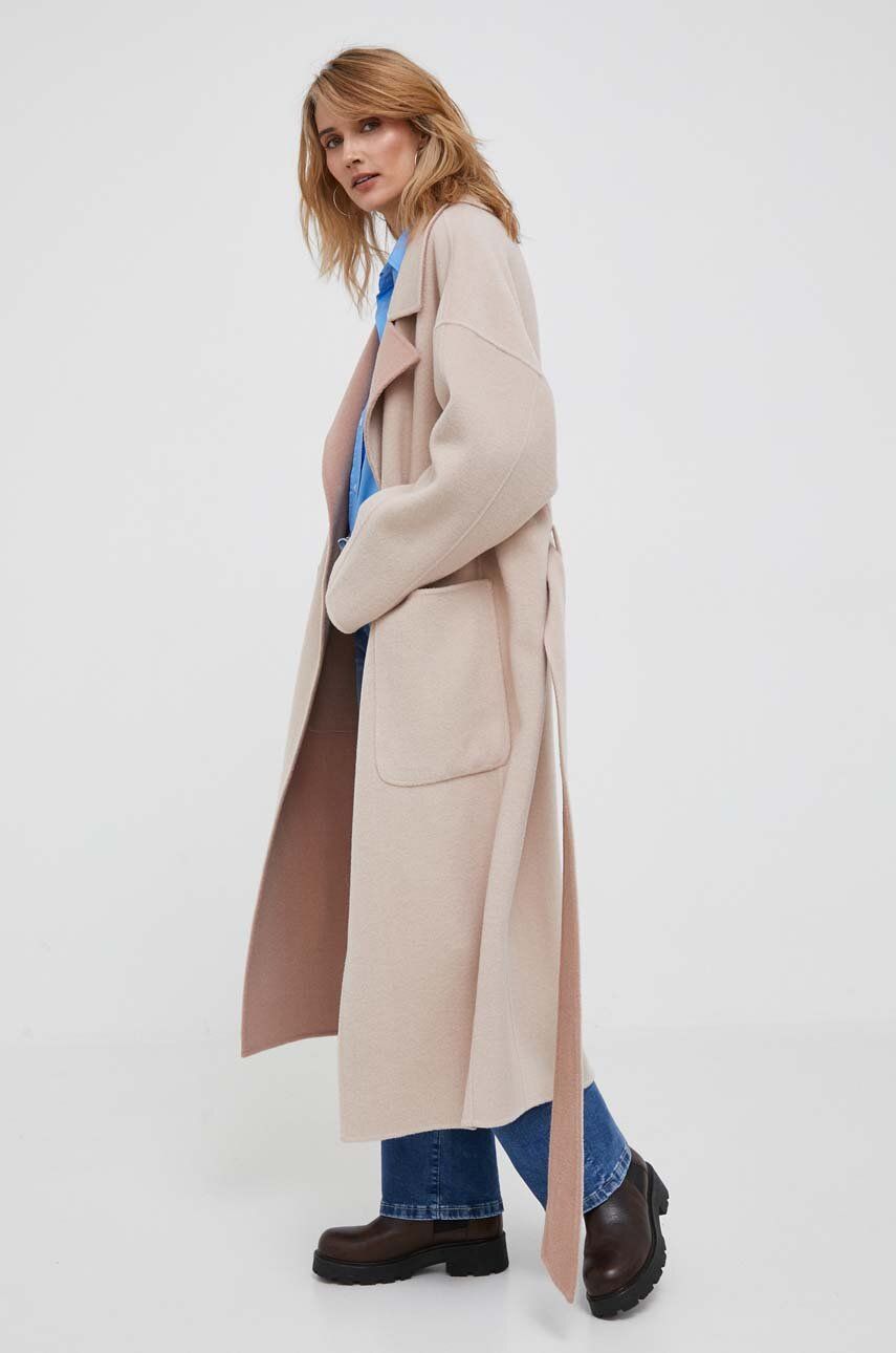 Levně Oboustranný vlněný kabát Calvin Klein růžová barva, bez zapínání