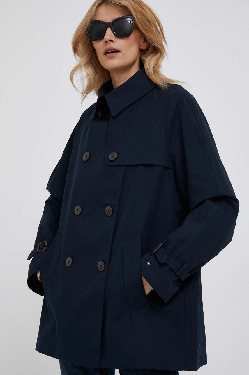 Kabát Tommy Hilfiger dámský, tmavomodrá barva, přechodný, dvouřadový