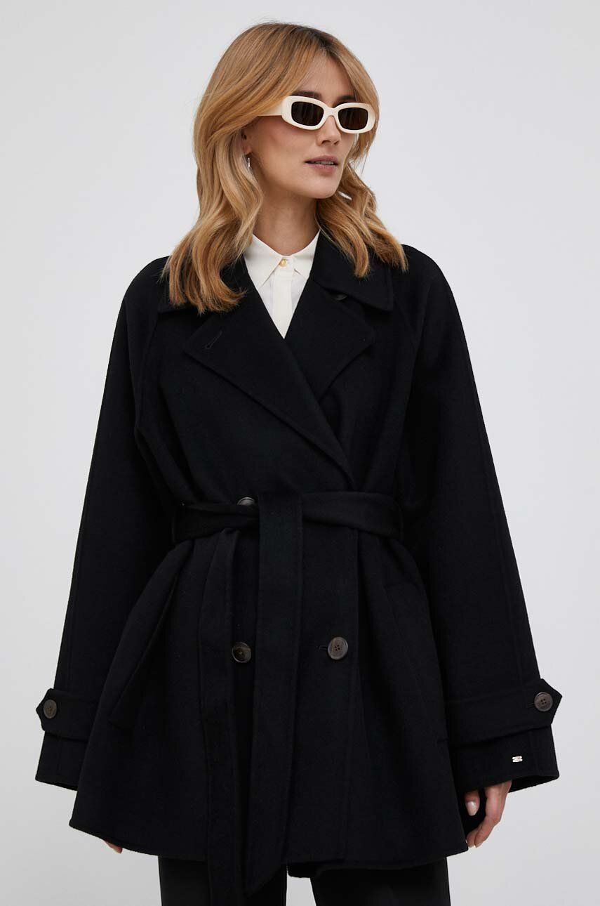 Levně Vlněný kabát Tommy Hilfiger černá barva, přechodný, oversize