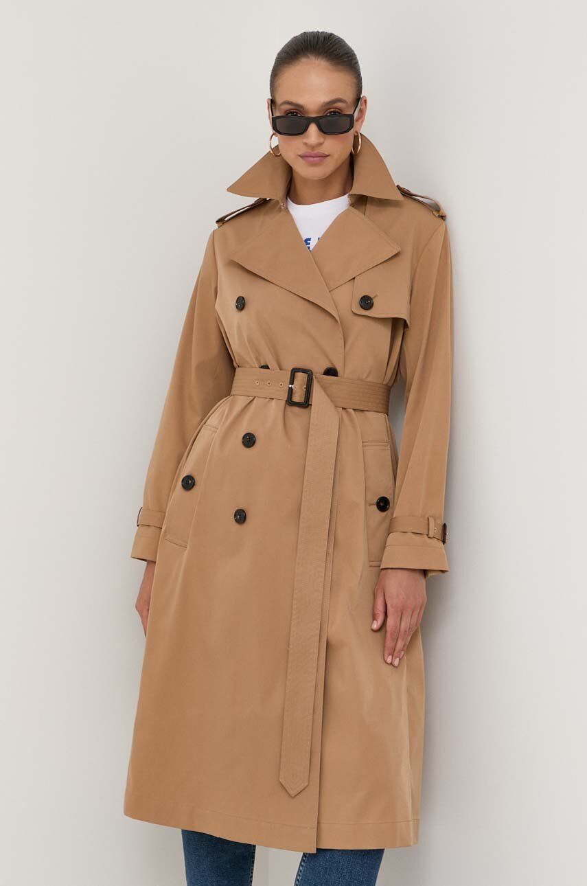 Levně Trench kabát BOSS dámský, béžová barva, přechodný, dvouřadový