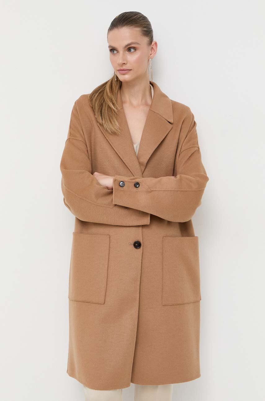 Vlněný kabát BOSS béžová barva, přechodný, oversize - béžová -  50 % Vlna