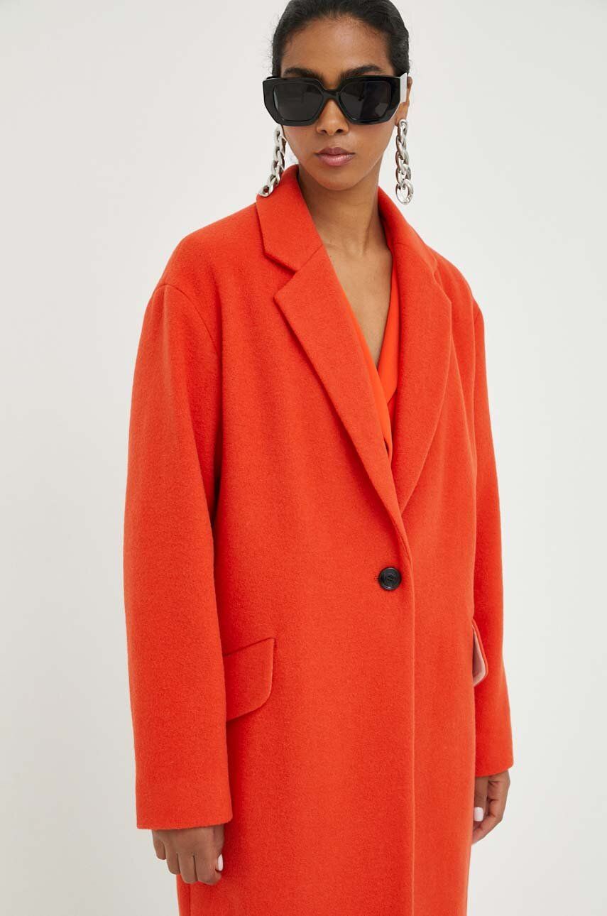 BOSS palton din lana culoarea portocaliu, de tranzitie, oversize