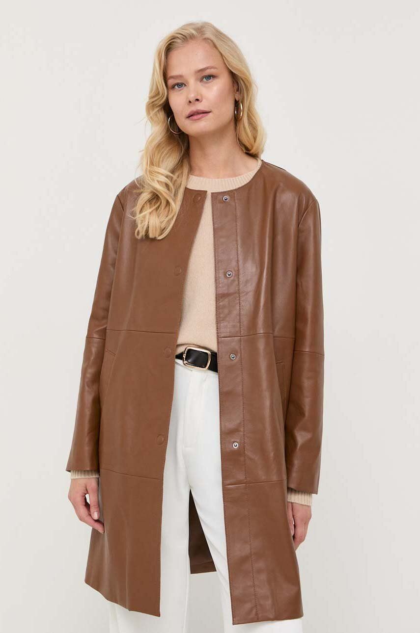 Kožený kabát Weekend Max Mara dámský, hnědá barva, přechodný, oversize - hnědá -  Hlavní materi