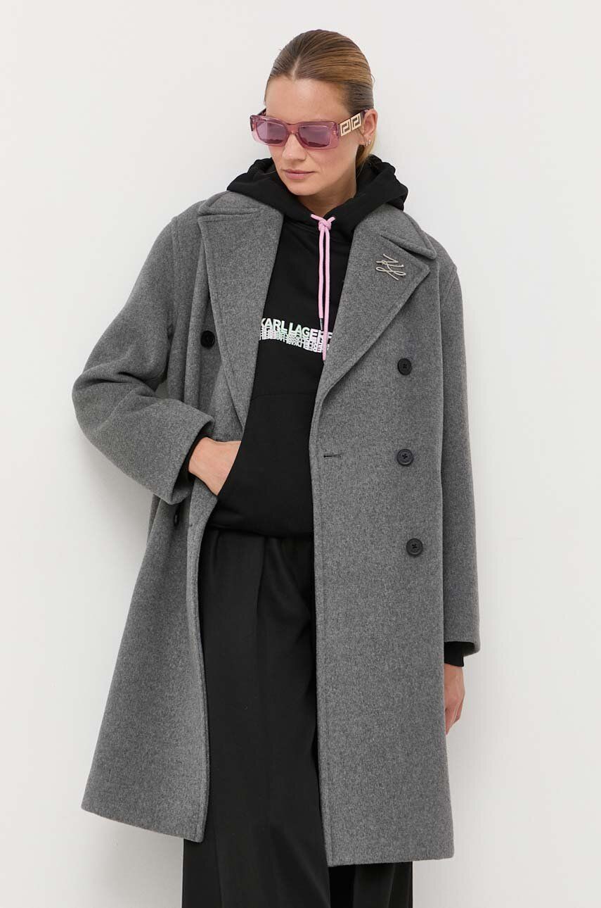 Vlněný kabát Karl Lagerfeld šedá barva, přechodný - šedá -  Hlavní materiál: 70 % Vlna