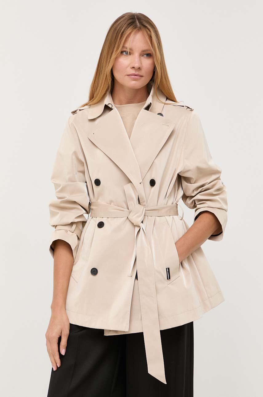 Kabát Karl Lagerfeld dámský, béžová barva, přechodný, oversize - béžová -  Hlavní materiál: 100