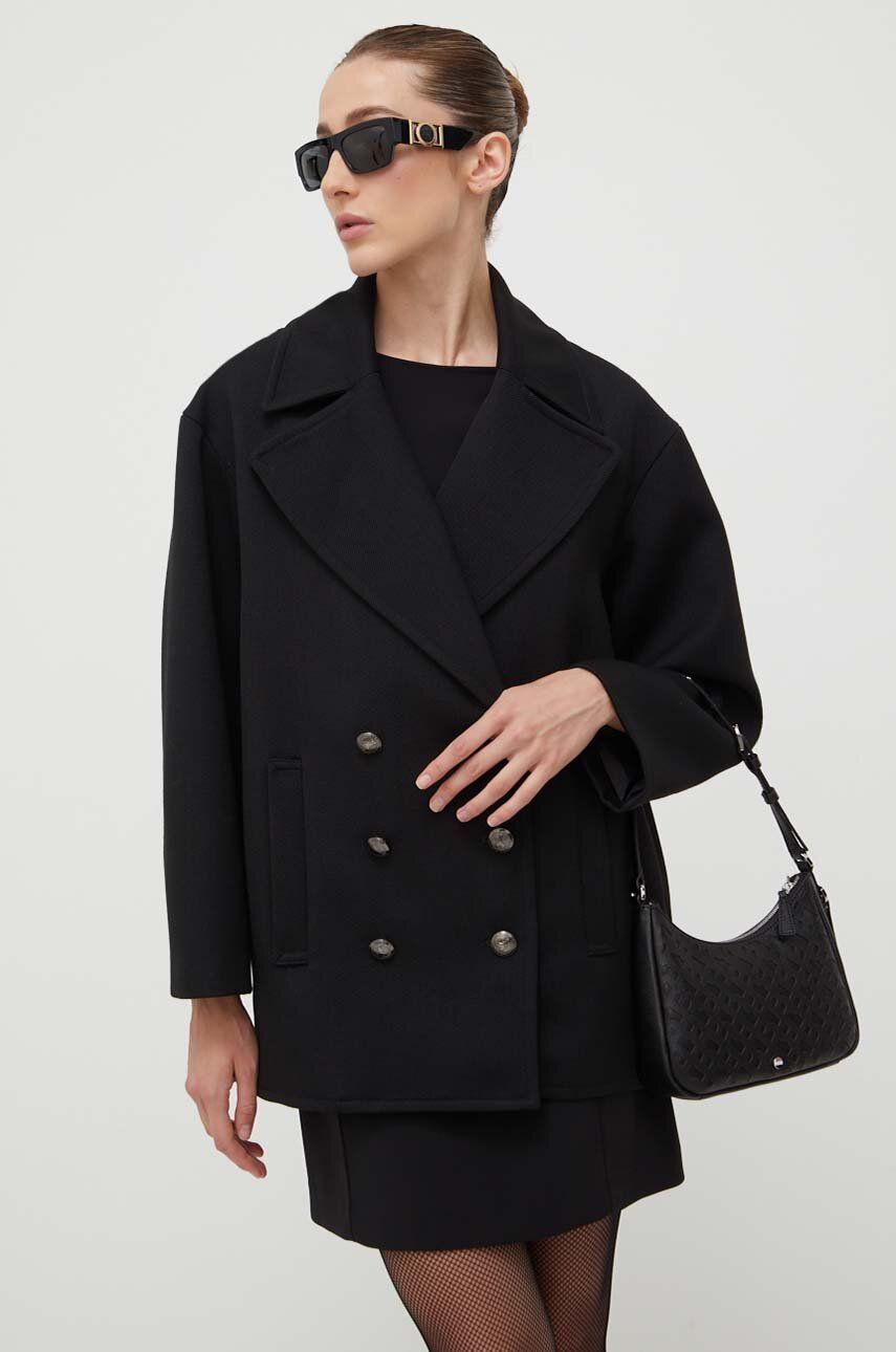 Kabát s příměsí vlny Patrizia Pepe černá barva, přechodný, oversize - černá -  Hlavní materiál: