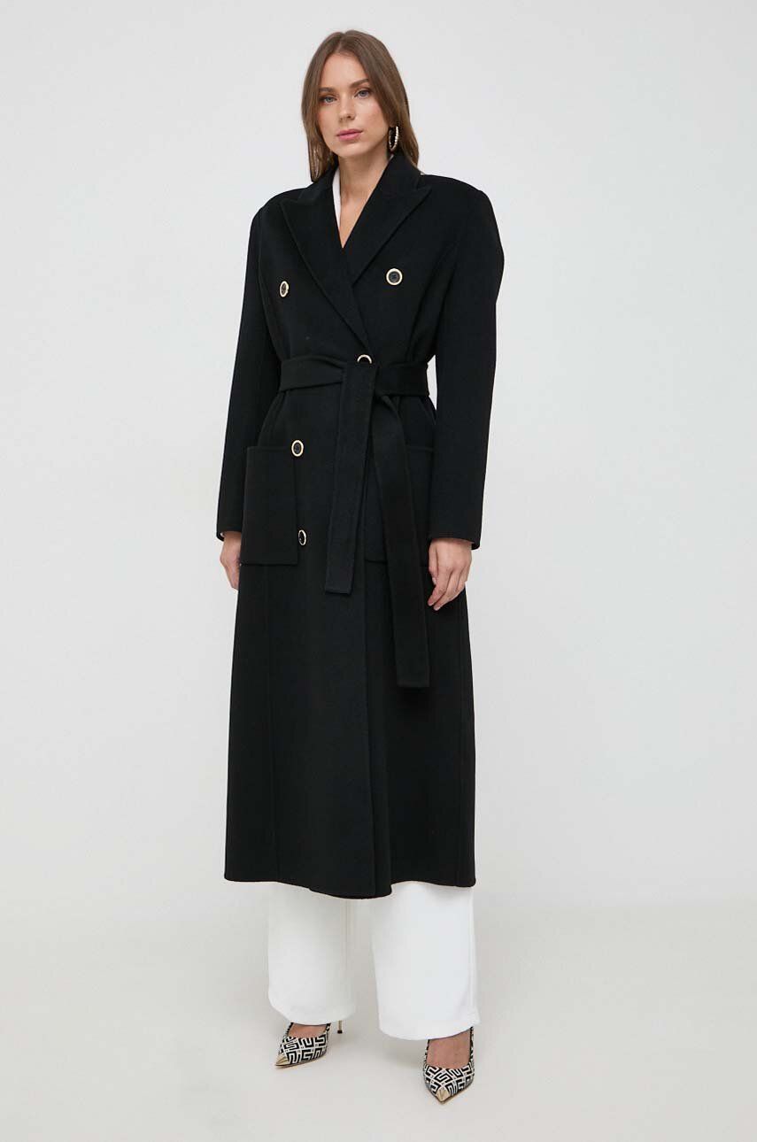 Levně Vlněný kabát Elisabetta Franchi černá barva, přechodný, dvouřadový