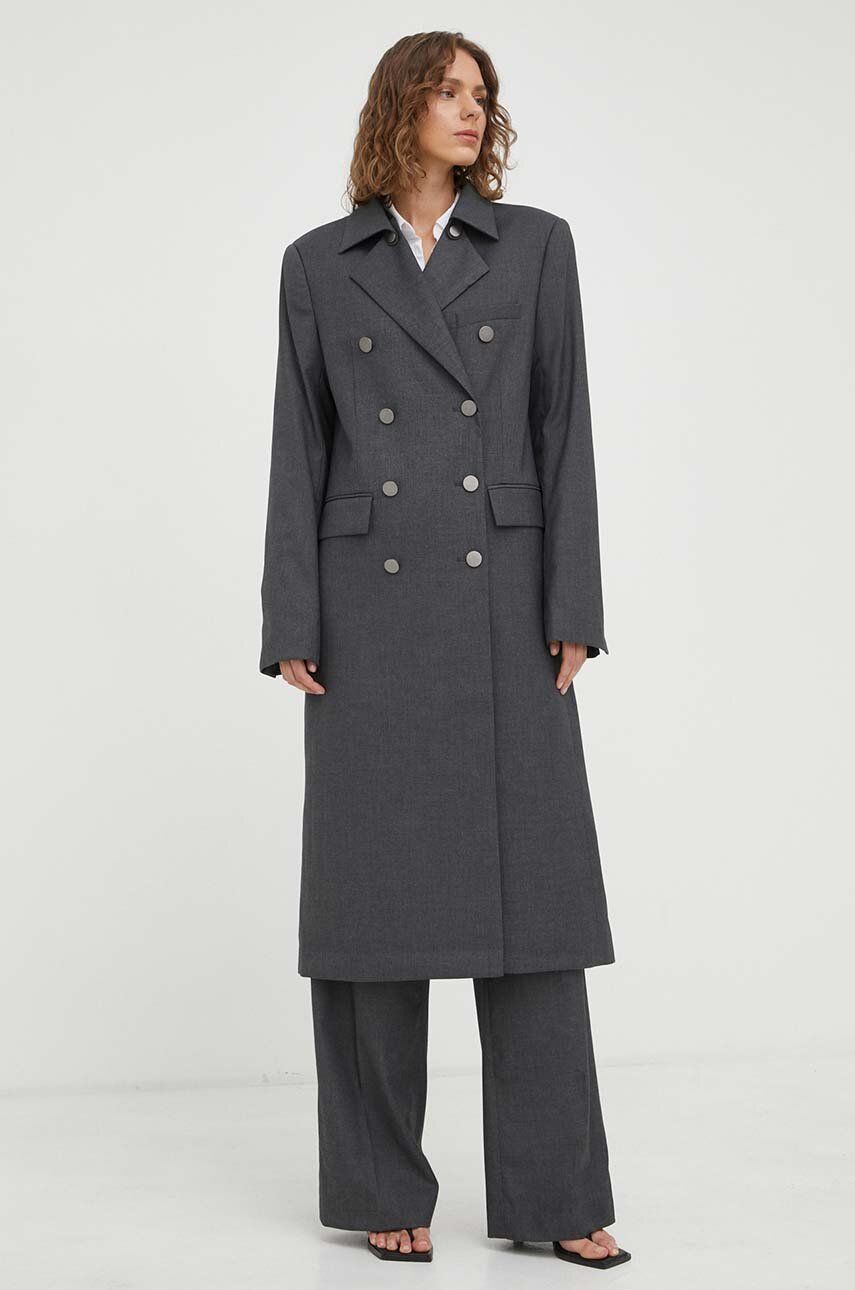 E-shop Kabát Remain dámský, šedá barva, přechodný, dvouřadový