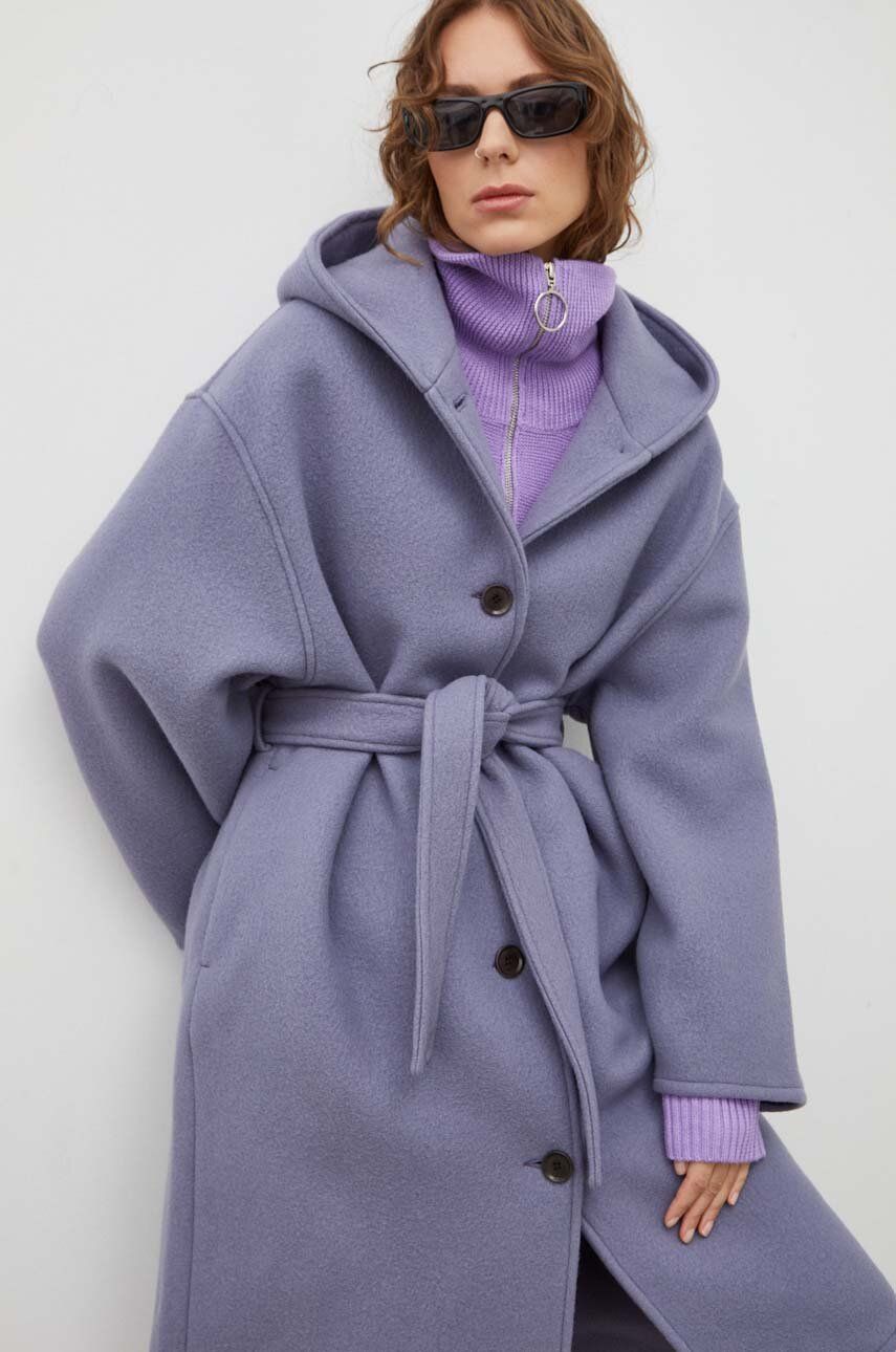 Levně Vlněný kabát Samsoe Samsoe fialová barva, přechodný, oversize