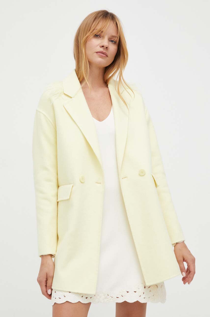 E-shop Vlněný kabát Twinset žlutá barva, přechodný, dvouřadový