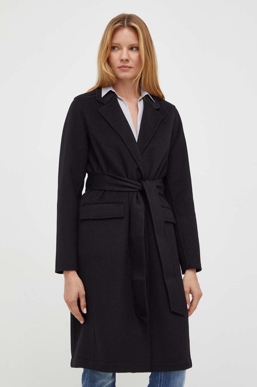 Vlněný kabát Twinset černá barva, přechodný - černá - Hlavní materiál: 50 % Polyester