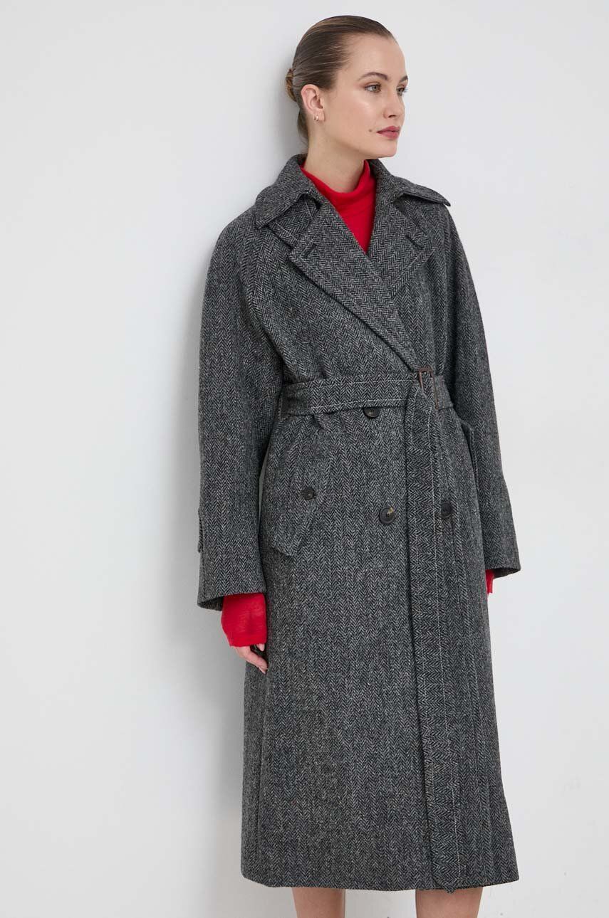 Vlněný kabát Weekend Max Mara šedá barva, přechodný, dvouřadový - šedá - Hlavní materiál: 100 % Virg