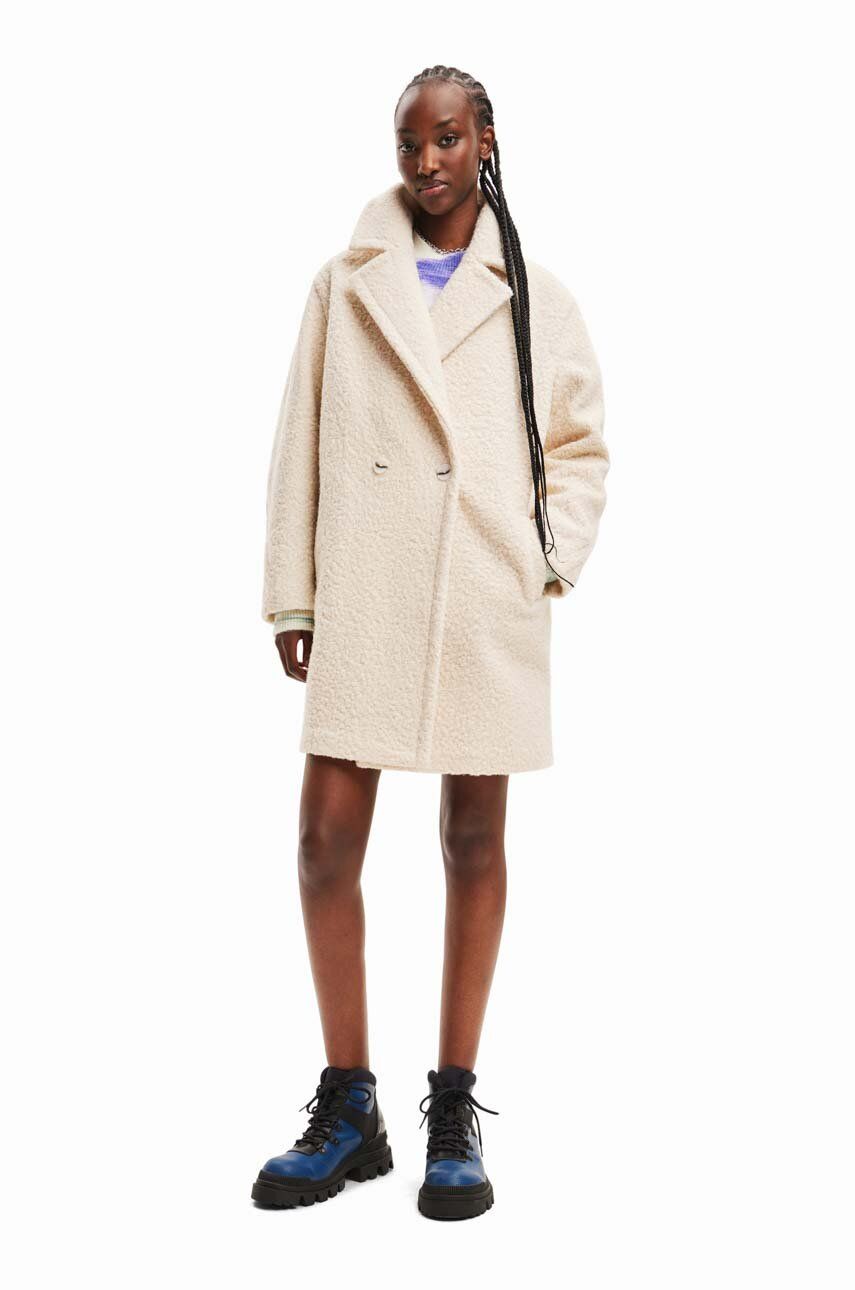 Kabát Desigual dámský, bílá barva, přechodný, dvouřadový - bílá - 100 % Polyester