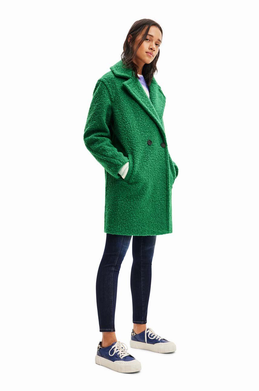 Desigual Palton Femei, Culoarea Verde, De Tranzitie, Cu Doua Randuri De Nasturi