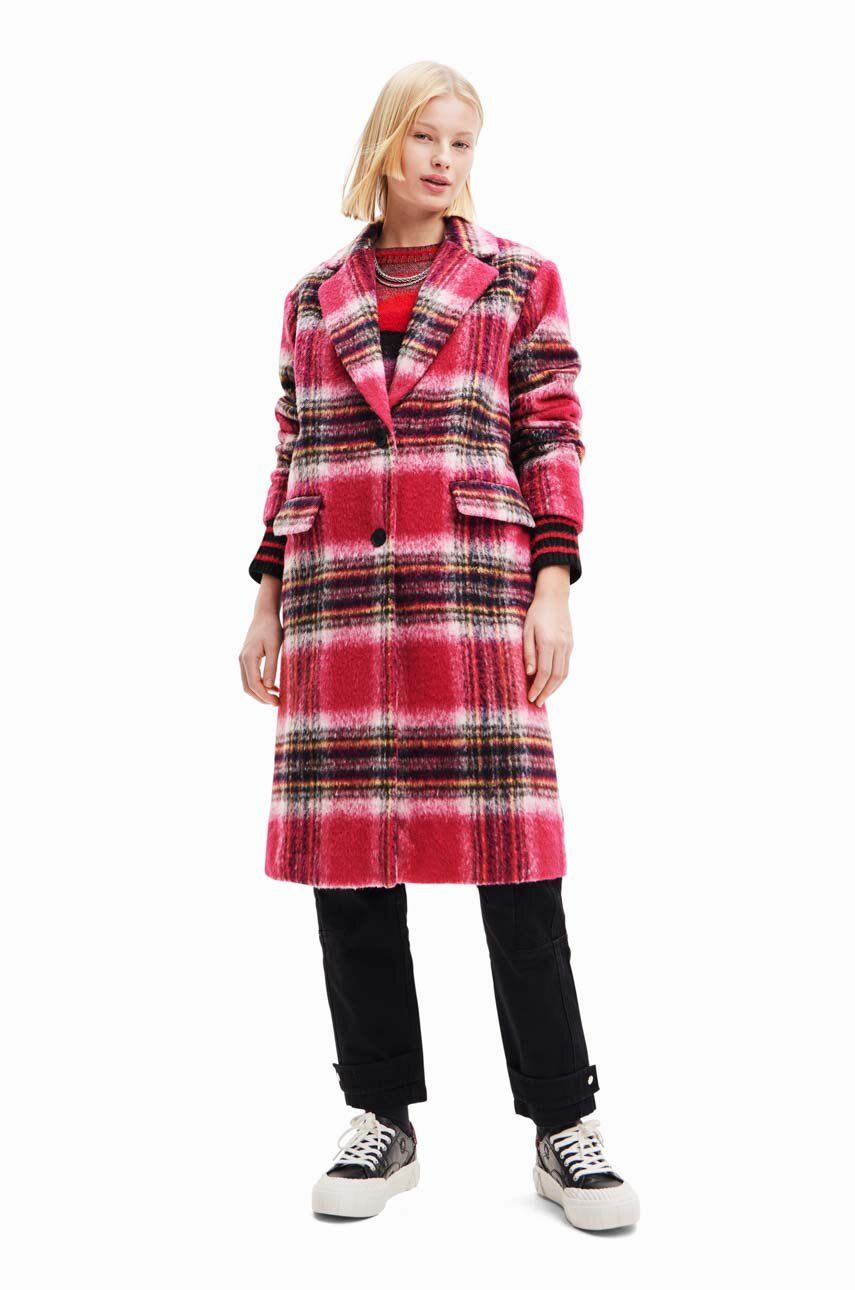 E-shop Kabát Desigual 23WWEWAD WOMAN WOVEN OVERCOAT dámský, růžová barva, přechodný, dvouřadový