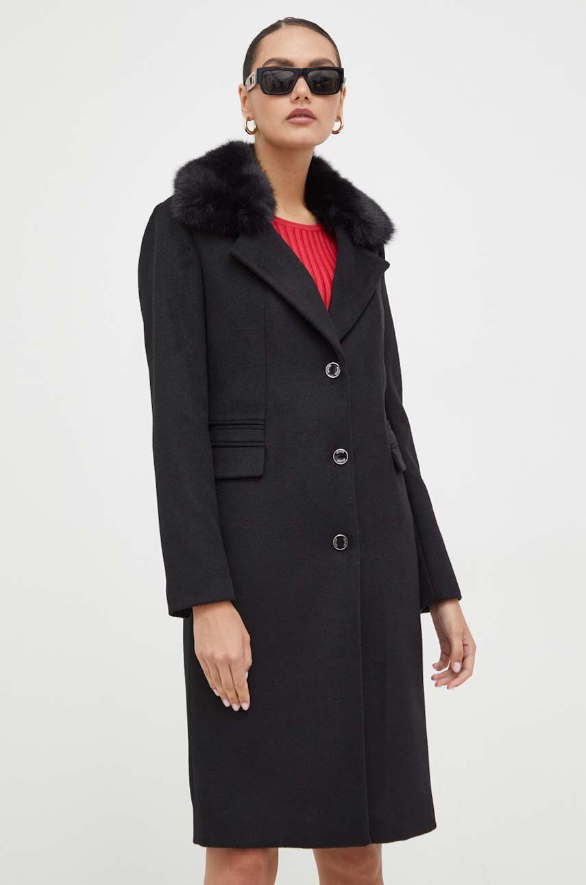 E-shop Kabát s příměsí vlny Guess černá barva, přechodný
