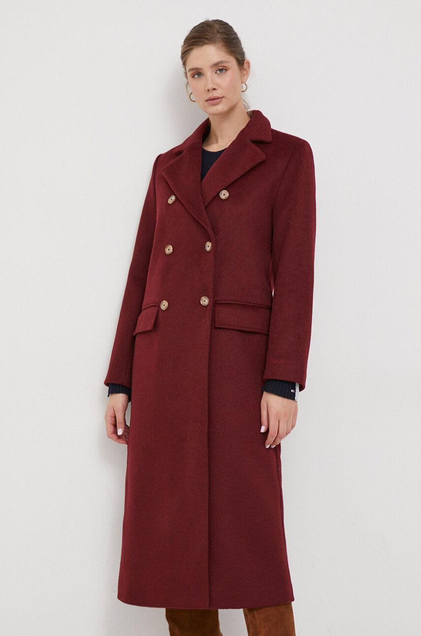 Pepe Jeans palton de lana culoarea bordo, de tranzitie, cu d