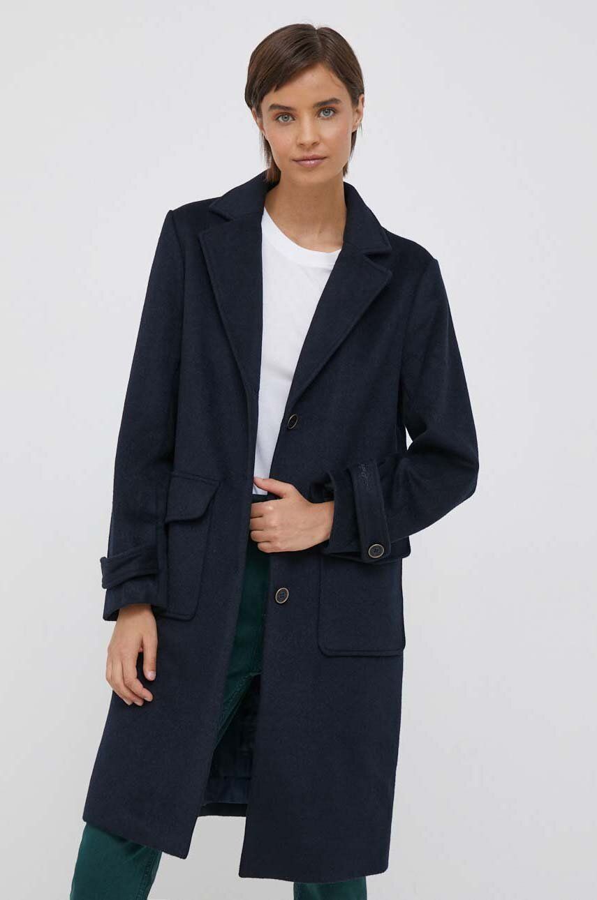 Vlněný kabát Pepe Jeans Nica tmavomodrá barva, přechodný - námořnická modř - Hlavní materiál: 58 % V