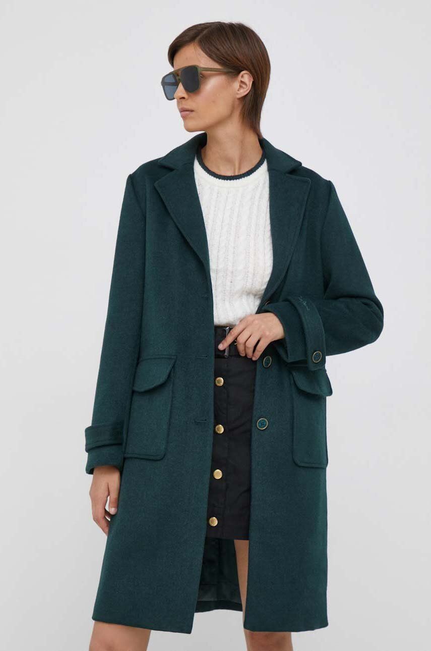 Vlněný kabát Pepe Jeans Nica zelená barva, přechodný - zelená - Hlavní materiál: 58 % Vlna
