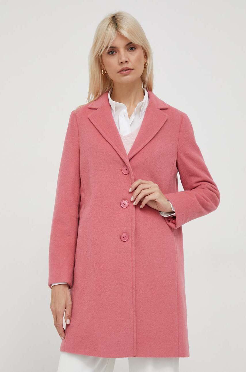 Vlněný kabát United Colors of Benetton růžová barva, přechodný - růžová - Hlavní materiál: 50 % Poly