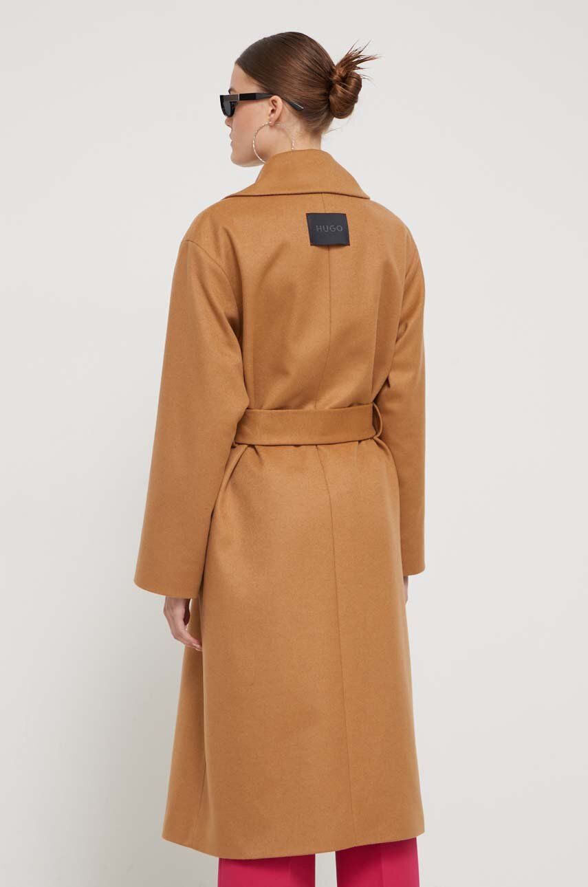HUGO płaszcz wełniany kolor brązowy przejściowy