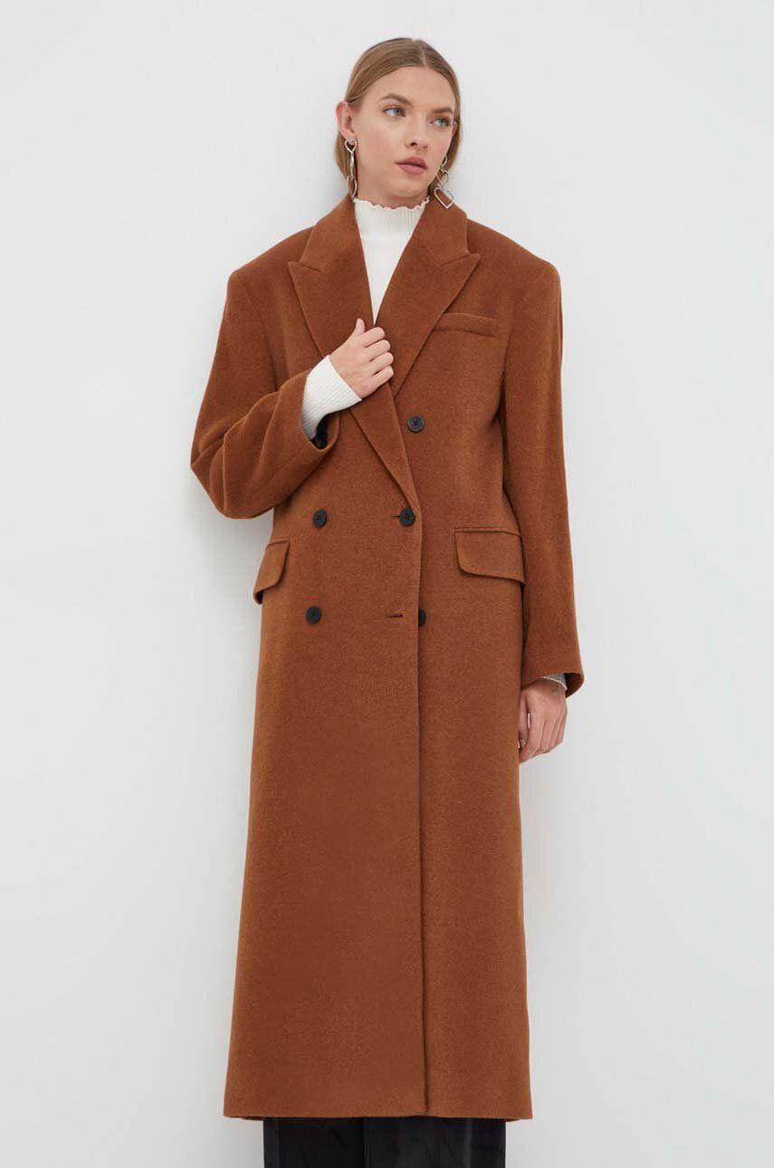 Vlněný kabát HUGO hnědá barva, přechodný, dvouřadový - hnědá - Hlavní materiál: 50 % Vlna