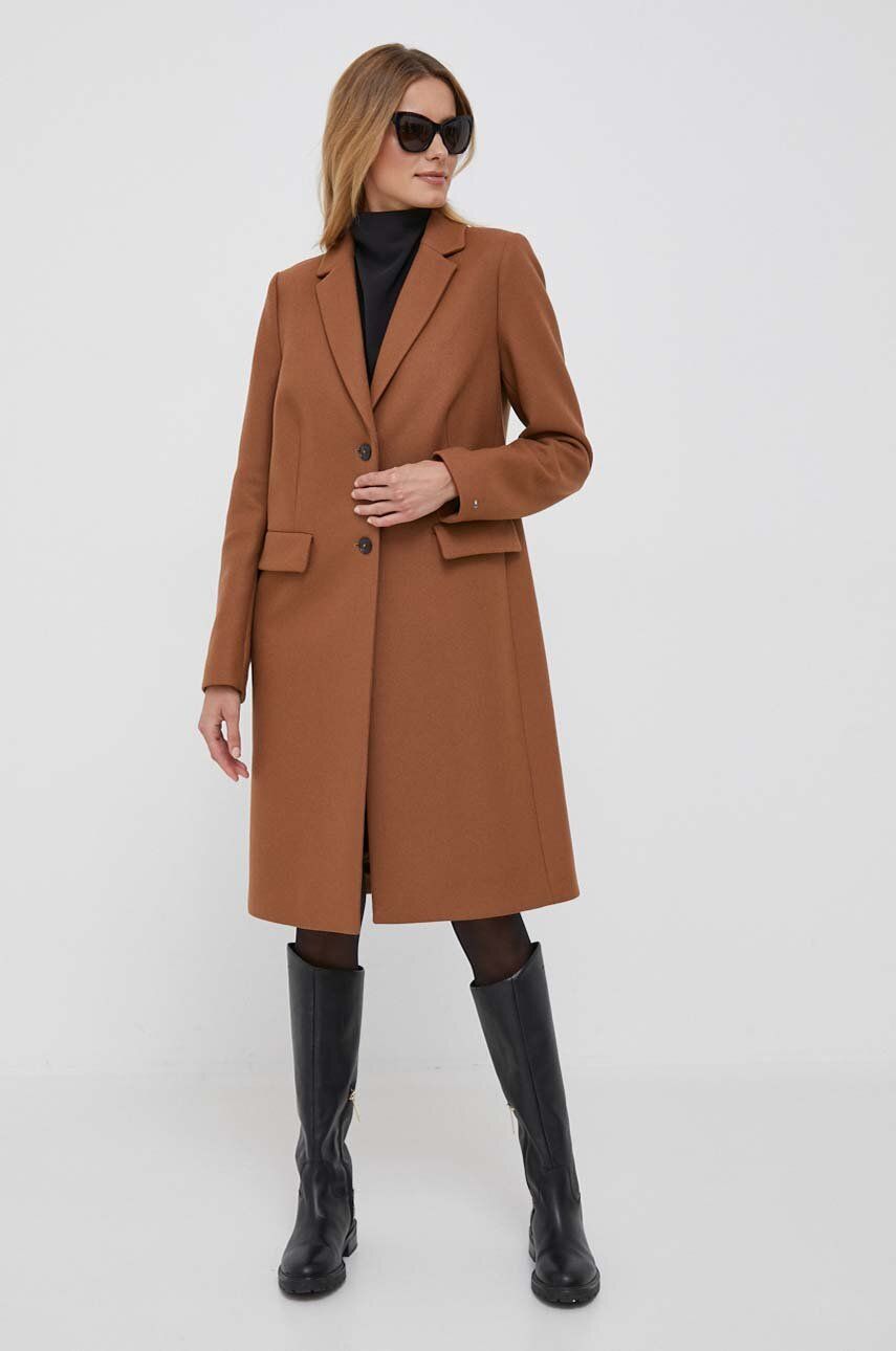 Vlněný kabát Tommy Hilfiger hnědá barva, přechodný - hnědá -  Hlavní materiál: 69 % Vlna