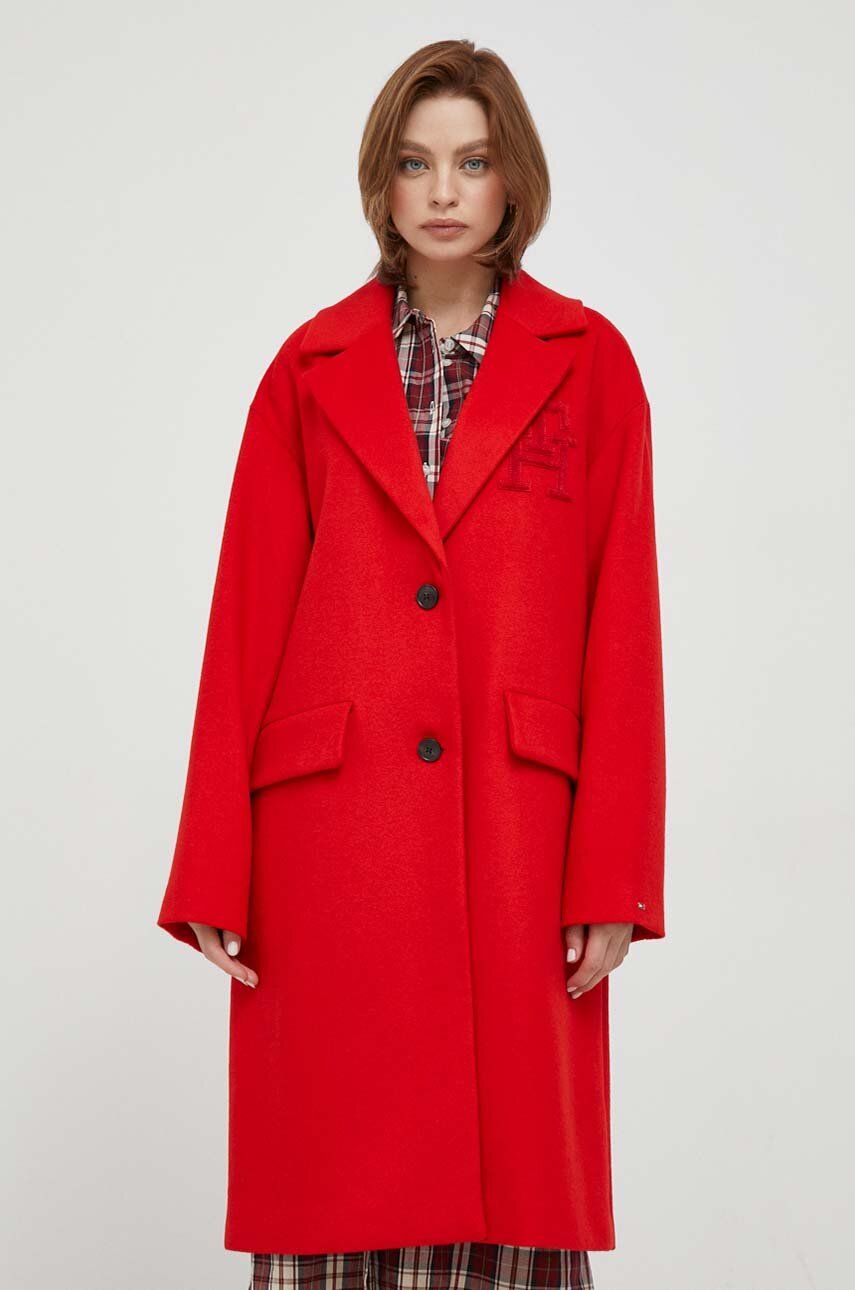 Levně Vlněný kabát Tommy Hilfiger červená barva, přechodný, oversize, WW0WW39756