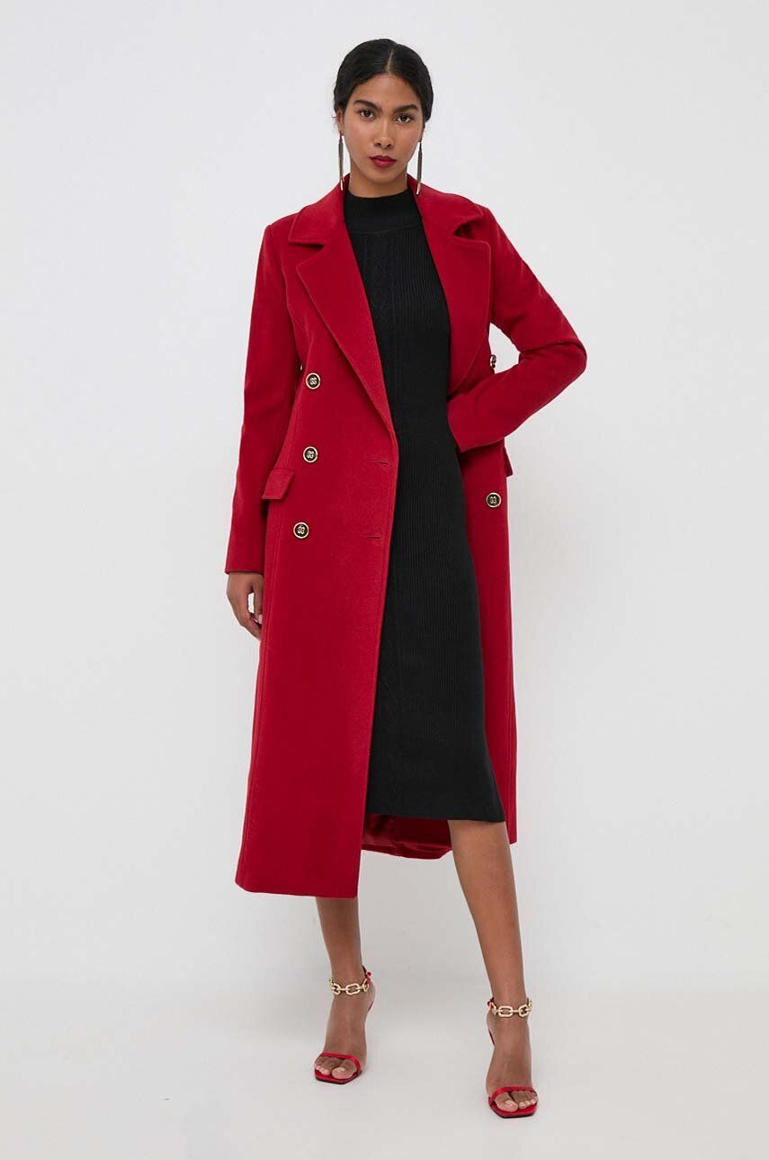 Vlněný kabát Marciano Guess červená barva, přechodný, dvouřadový - červená - Hlavní materiál: 70 % V