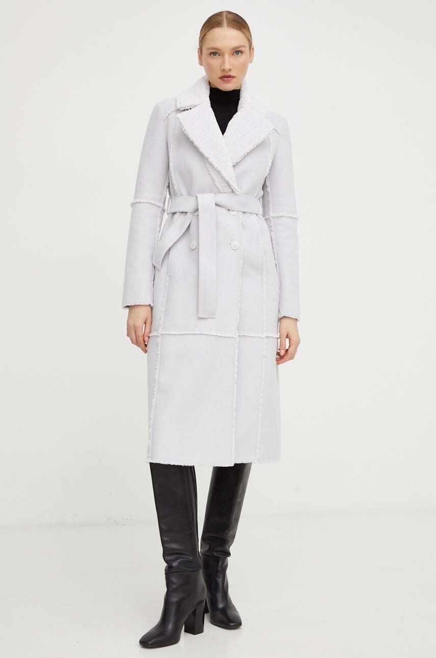 Kabát Patrizia Pepe dámský, šedá barva, přechodný, dvouřadový - šedá - 100 % Polyester