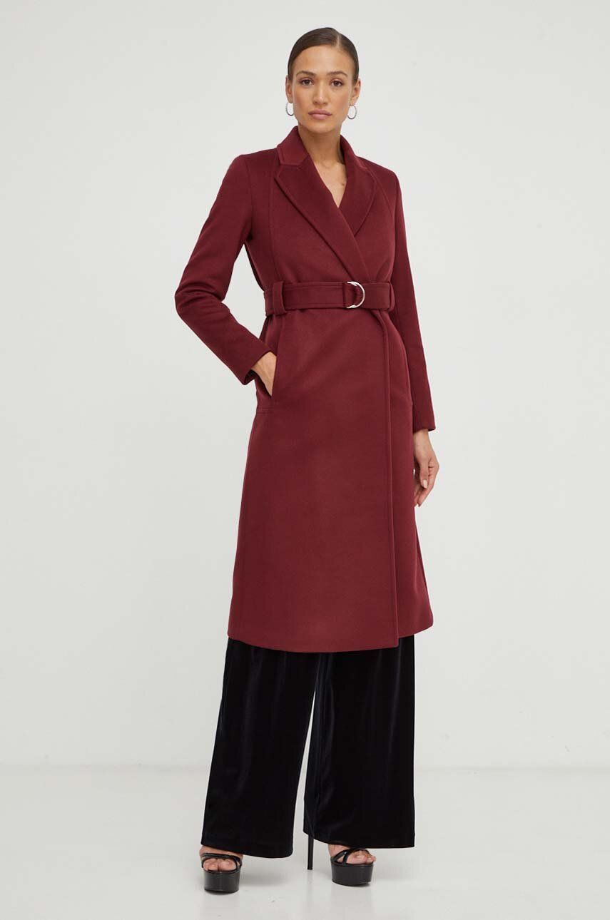 Vlněný kabát Patrizia Pepe fialová barva, přechodný, bez zapínání - burgundské - Hlavní materiál: 80