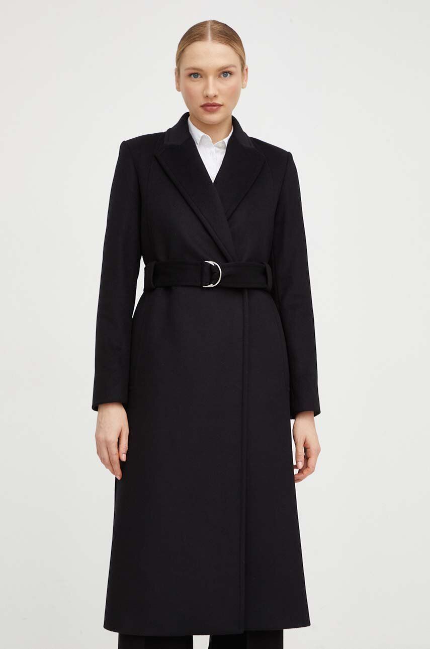 Vlněný kabát Patrizia Pepe černá barva, přechodný, bez zapínání - černá - Hlavní materiál: 80 % Vlna