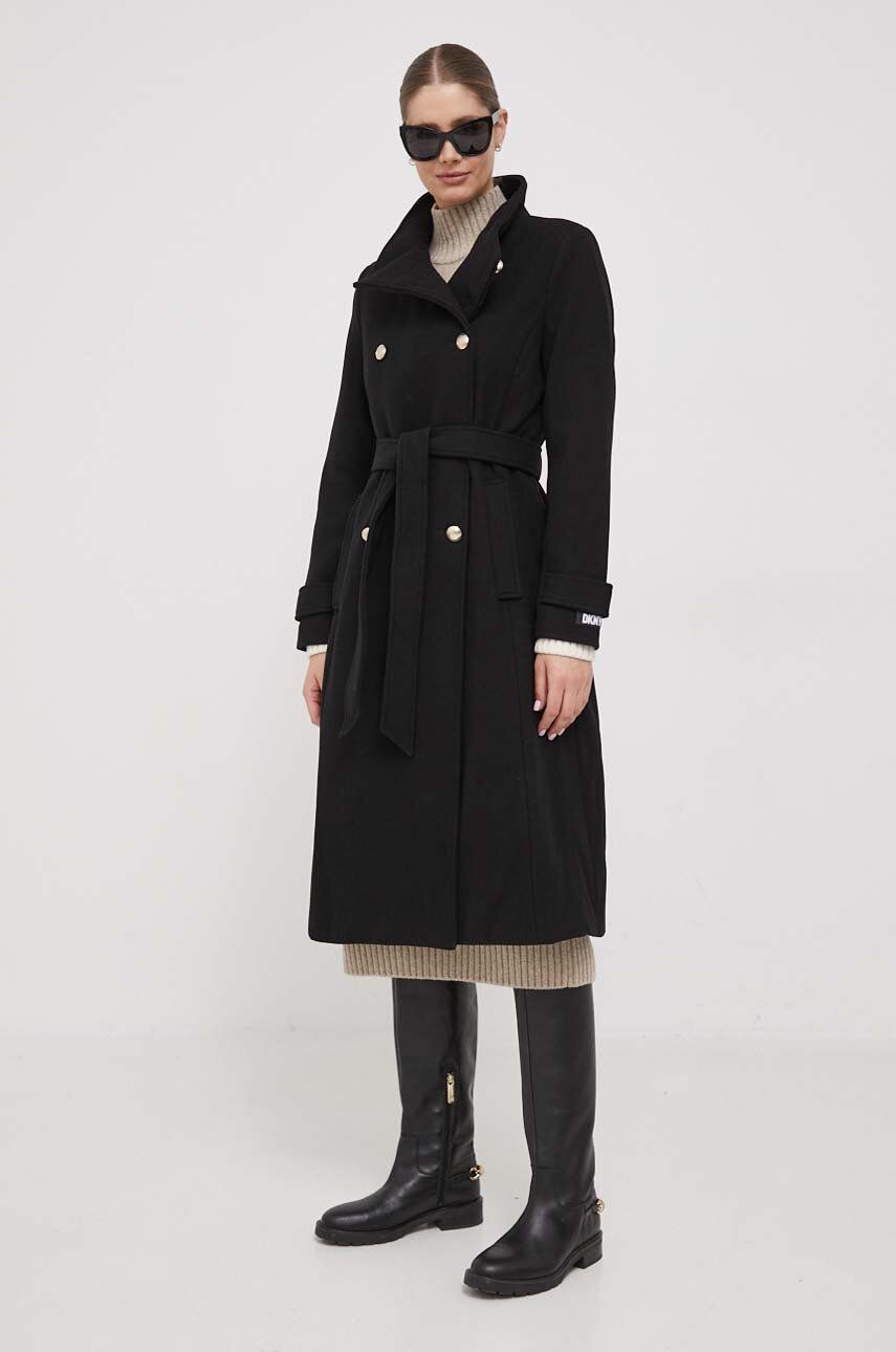 Vlněný kabát Dkny černá barva, přechodný, dvouřadový - černá - Hlavní materiál: 53 % Vlna