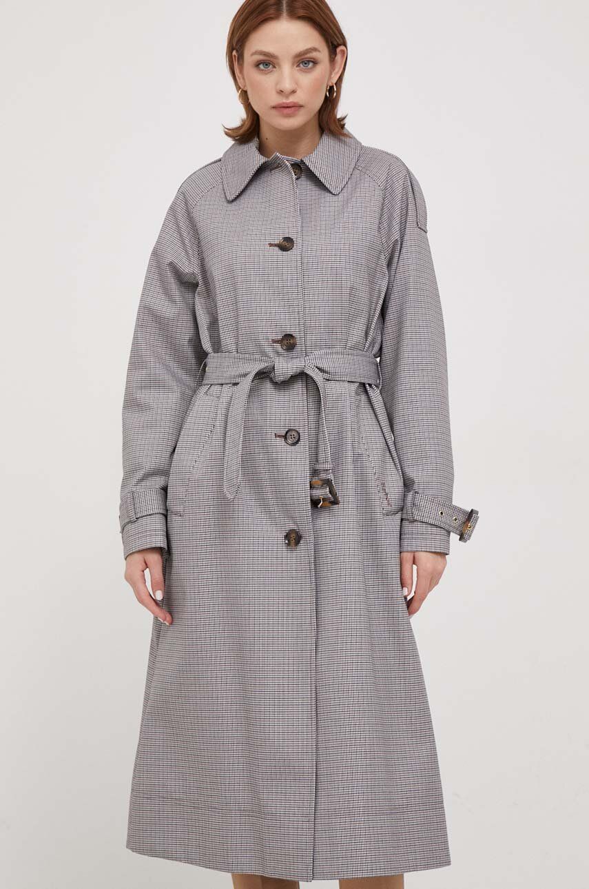 Levně Trench kabát Barbour Marie Check Showerproof dámský, šedá barva, přechodný, oversize