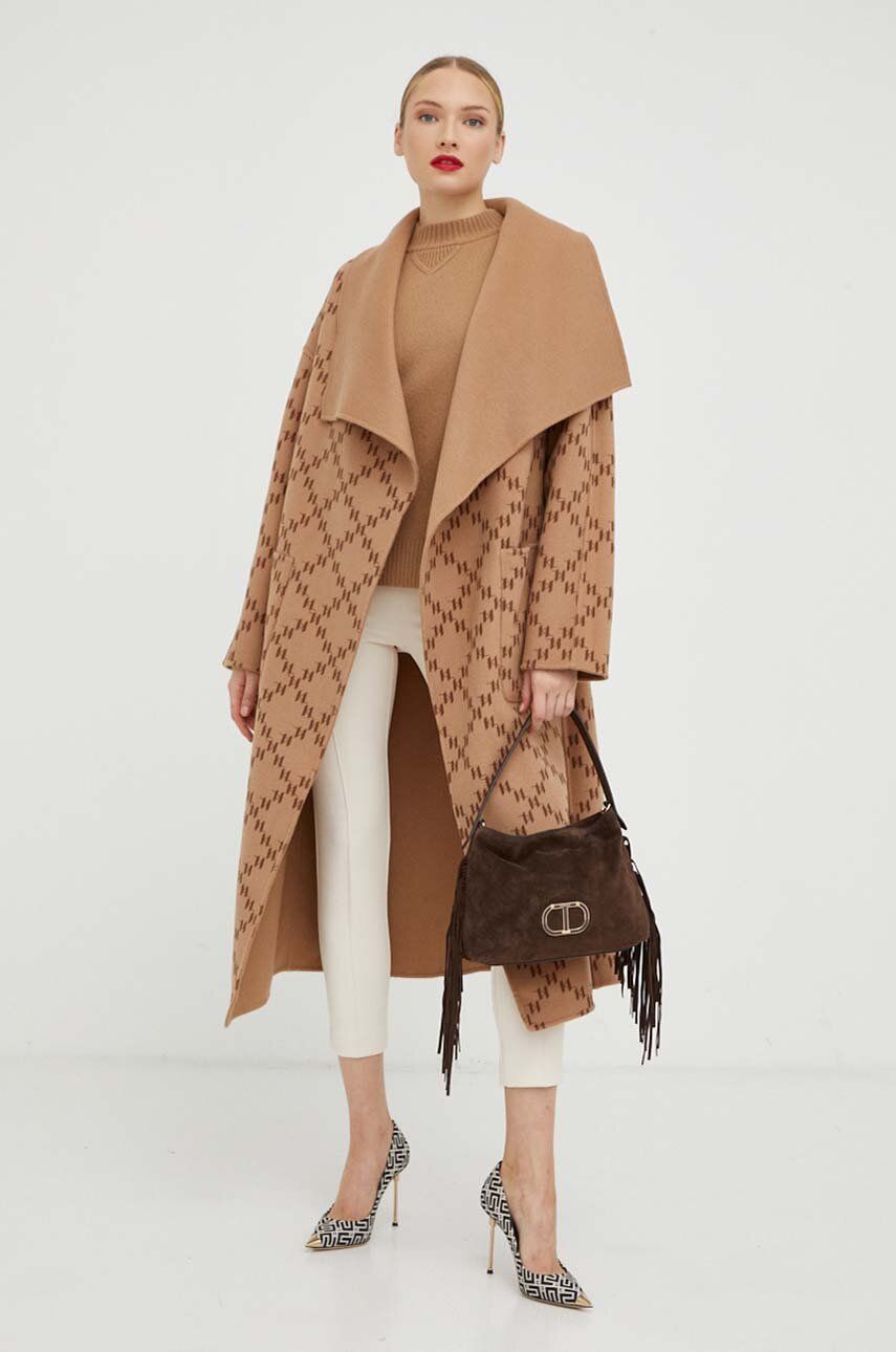Oboustranný vlněný kabát Karl Lagerfeld hnědá barva, oversize - hnědá - 70 % Vlna