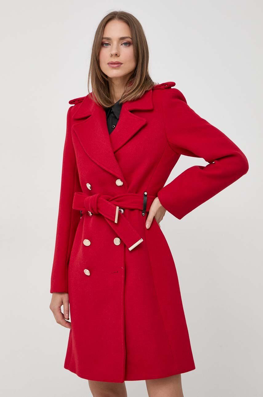 Morgan palton din lana culoarea rosu, de tranzitie, cu doua randuri de nasturi