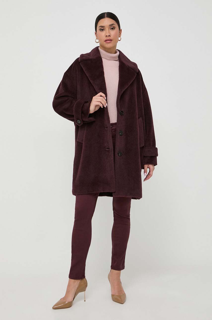 Vlněný kabát Marella vínová barva, přechodný, oversize