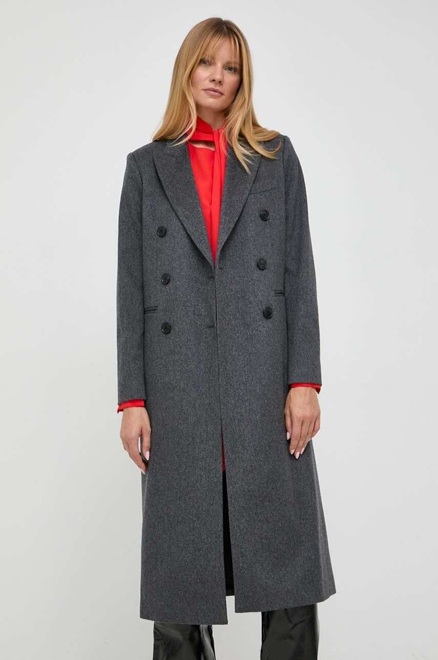 Vlněný kabát Victoria Beckham šedá barva, přechodný, dvouřadový - šedá - Hlavní materiál: 100 % Virg