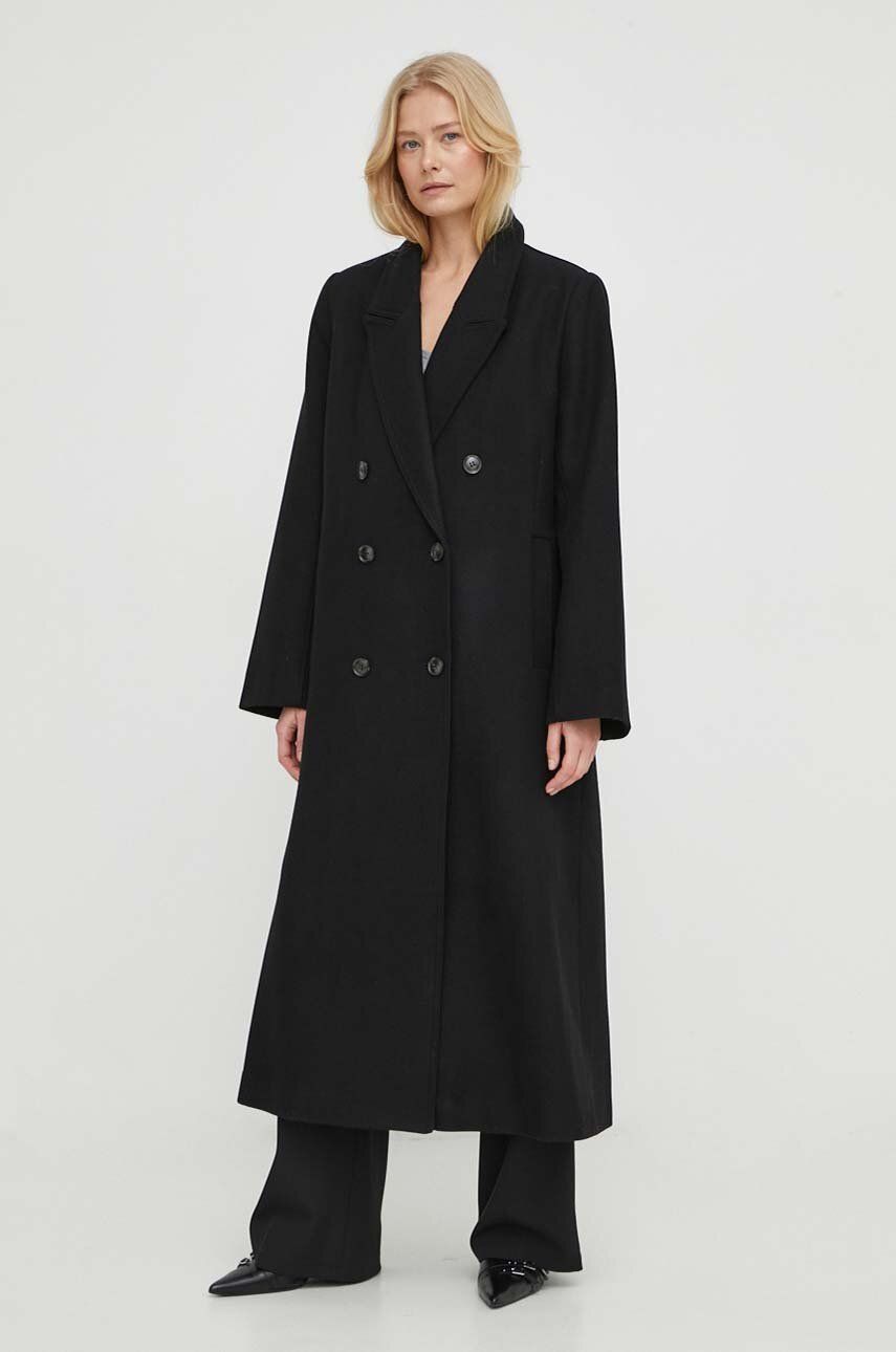 Levně Vlněný kabát Gestuz černá barva, přechodný, dvouřadový
