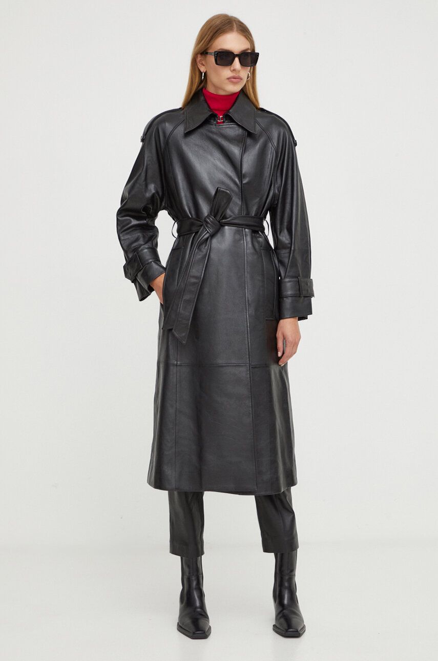 Levně Kožený kabát Ivy Oak dámský, černá barva, přechodný